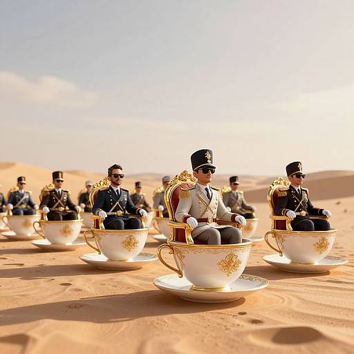 Photograph of six uniformed soldiers in black hats, seated in oversized, gold-embellished teacups in a sunlit desert.