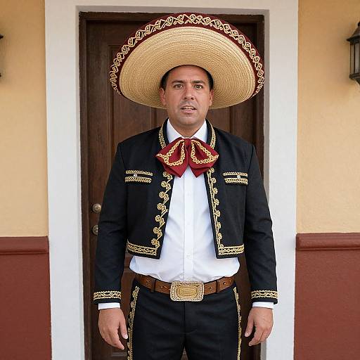 Photograph of a man wearing a large straw sombrero, black charro suit with gold trim, white shirt, red bowtie, and brown belt