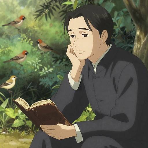 Anime-style drawing of a contemplative man in a dark blue school uniform, reading a book in a lush, green forest with several birds.