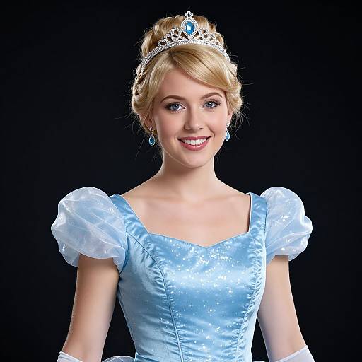 Photograph of a smiling blonde princess with fair skin, blue eyes, wearing a silver tiara, blue satin dress with puffed sleeves, and turquoise
