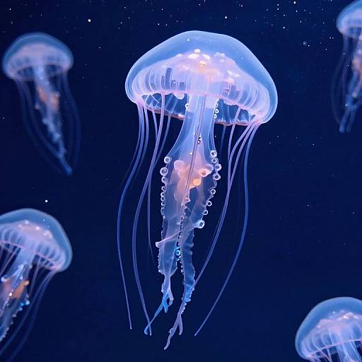 Photograph of glowing blue jellyfish with translucent, umbrella-shaped tops and flowing, wavy tentacles against a dark blue, star-filled ocean background.