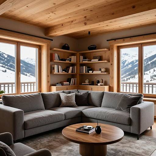 Photograph of a cozy, wooden-paneled living room with gray L-shaped sofa, round wooden coffee table, bookshelves, and large windows overlooking