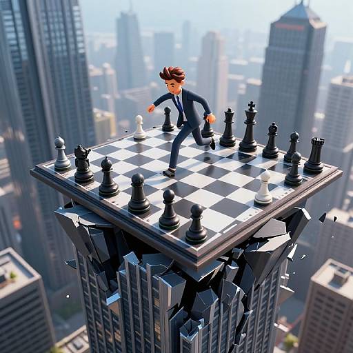 Digital 3D artwork: A brown-haired man in a black suit runs across a chessboard on a skyscraper rooftop, towering over a cityscape