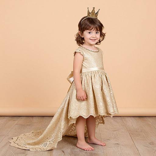 Photograph of a smiling young girl with brown curls, wearing a gold lace dress, barefoot, and a small gold crown, standing on wooden floor