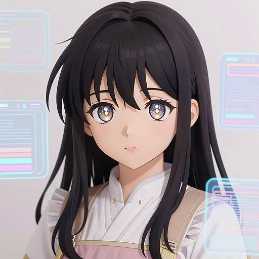 Anime-style digital drawing of a young woman with long black hair, large brown eyes, and a white blouse with pink apron, set against a white