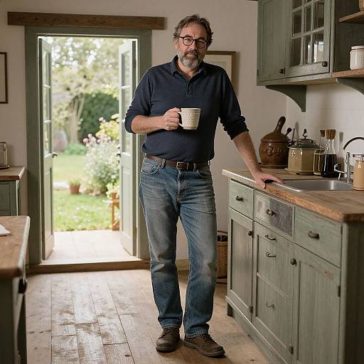 Photograph of a middle-aged man with glasses, beard, wearing a navy shirt and blue jeans, holding a coffee mug in a rustic kitchen with green