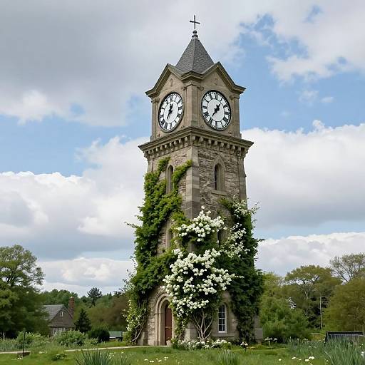 Photograph of a tall, stone clock tower covered in green ivy and white flowers, set against a bright blue sky with scattered clouds, surrounded by