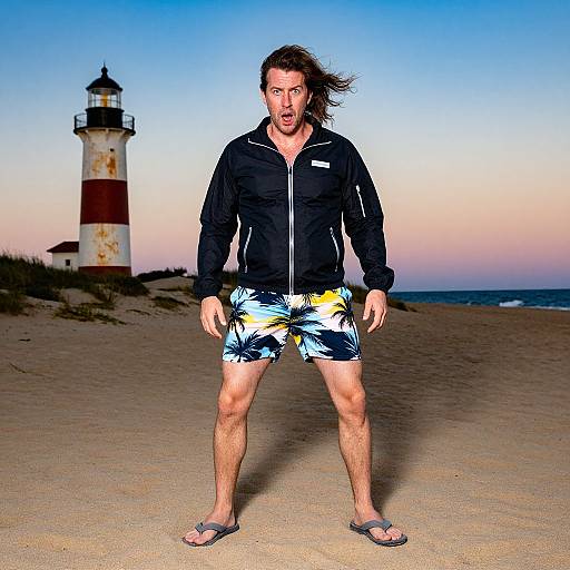 Photograph of a muscular man with long brown hair, black jacket, and colorful shorts, standing on a sandy beach at sunset, with a striped l