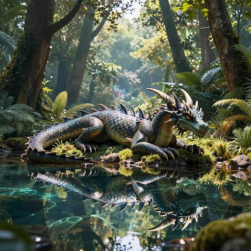 Digital artwork of a sleek, dragon-like creature with spiky scales, lying on a mossy rock in a sunlit, lush forest pond.