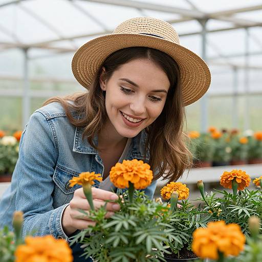 Photograph of a smiling woman with brown hair, wearing a straw hat and denim shirt, tending vibrant orange marigolds in a greenhouse.