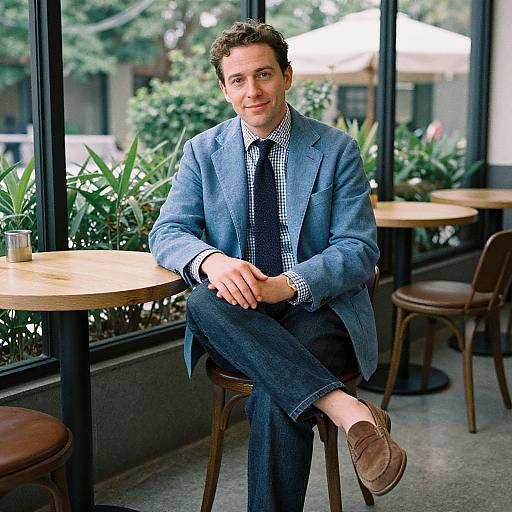 Photograph of a smiling man with short brown hair, wearing a blue blazer, checkered shirt, black tie, jeans, and brown loafers