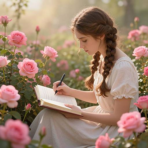 Photograph: Young woman with braided brown hair in white dress, writing in open book, surrounded by blooming pink roses in sunlit garden.