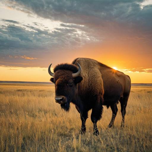 Bison on Prairie at Sunset