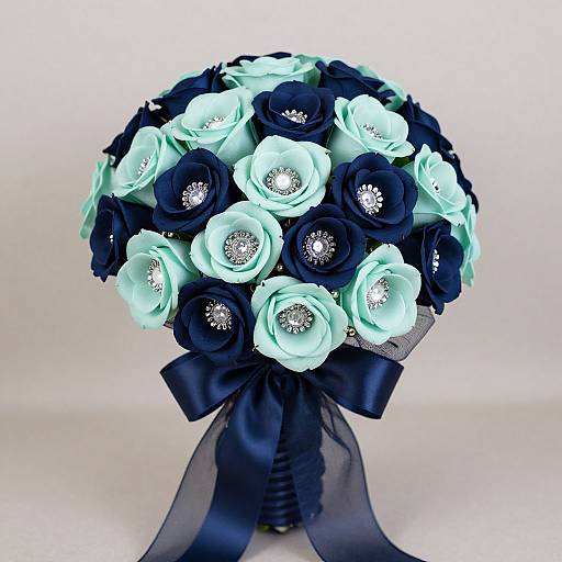 Photograph of a bouquet with blue and white fabric roses, adorned with sparkling centers, tied with a dark blue ribbon.