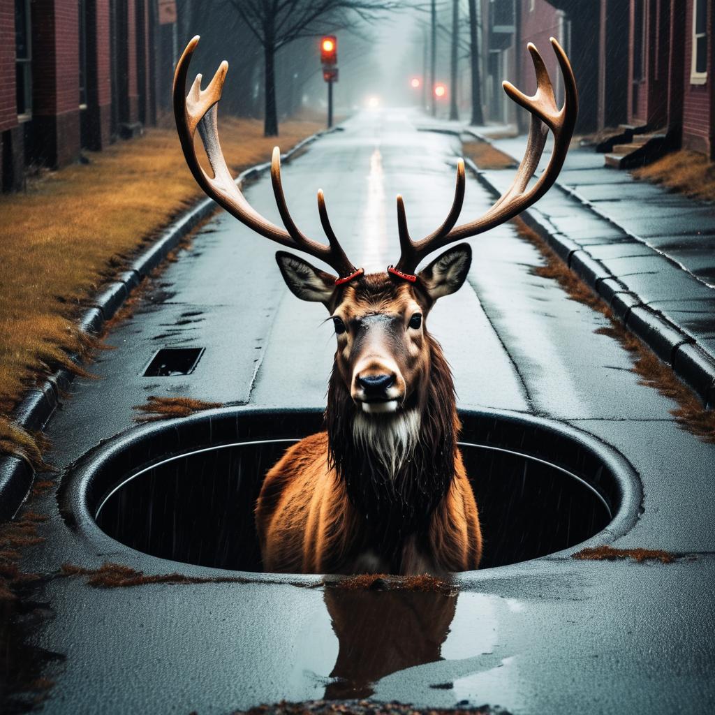 Creepy Feral Reindeer in Gutter