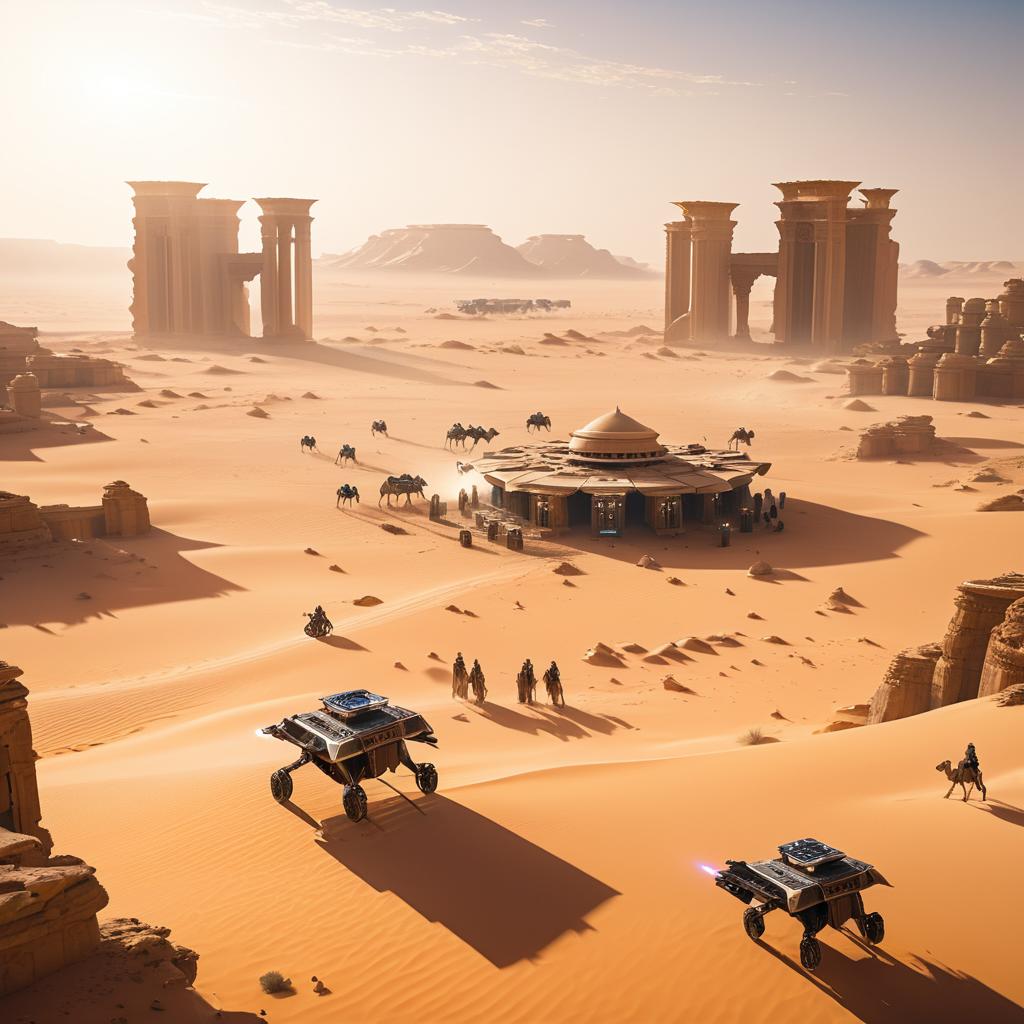 Futuristic Desert Drone Operators Amid Ruins