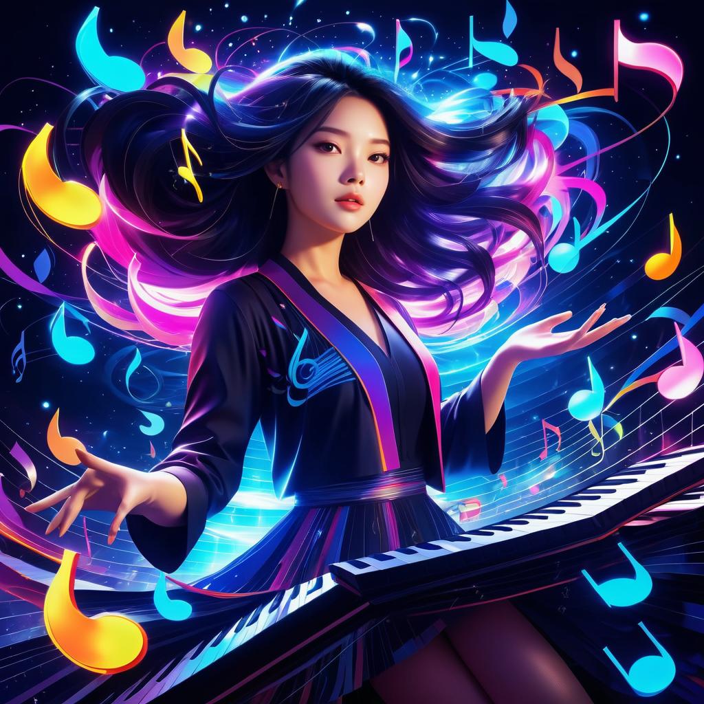 Vibrant Anime Woman with Music Elements