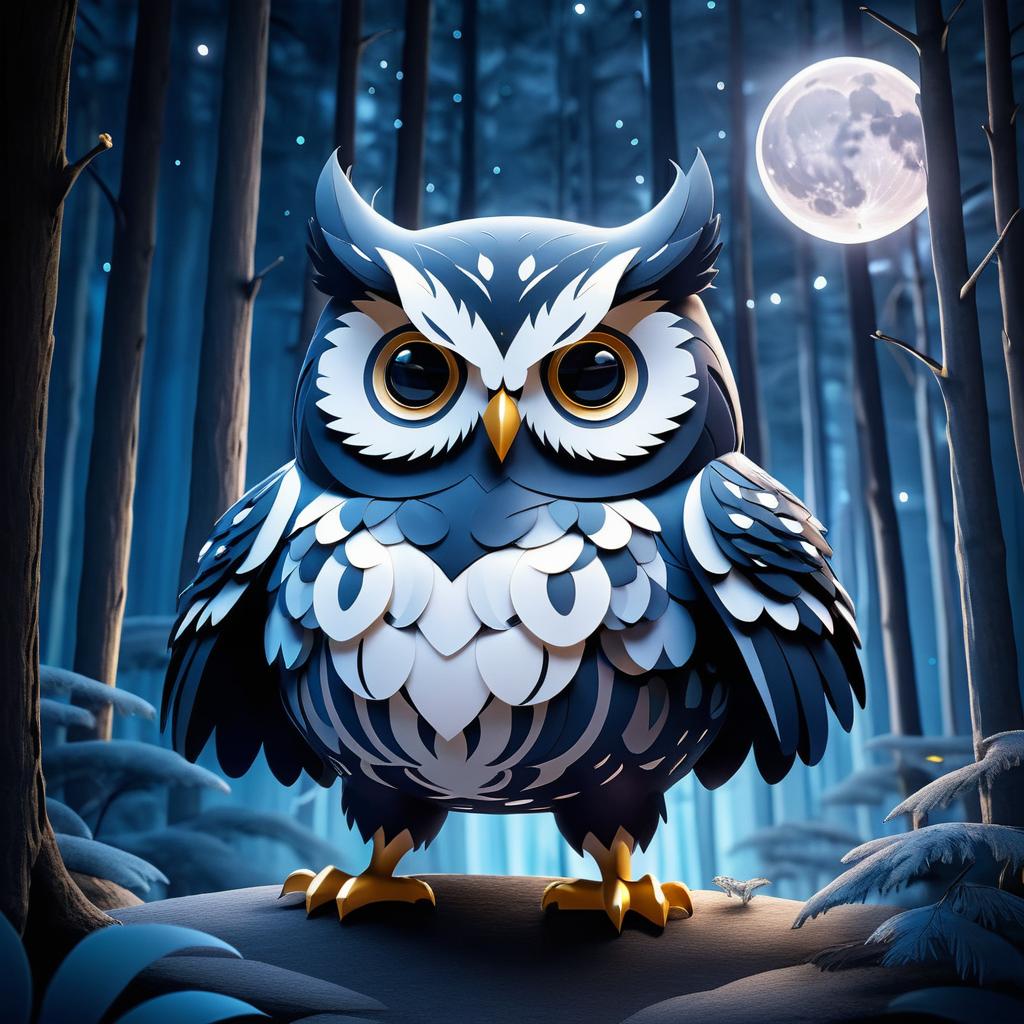 Buff Owl in Moonlit Forest Illustration