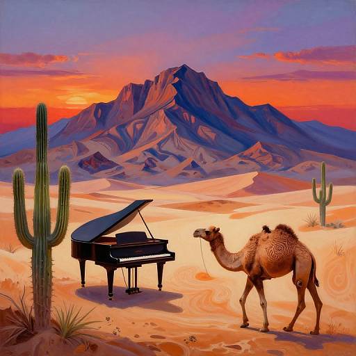 Vibrant digital painting: A grand piano and a camel stand in a desert with towering mountains and colorful sunset, cacti in foreground.