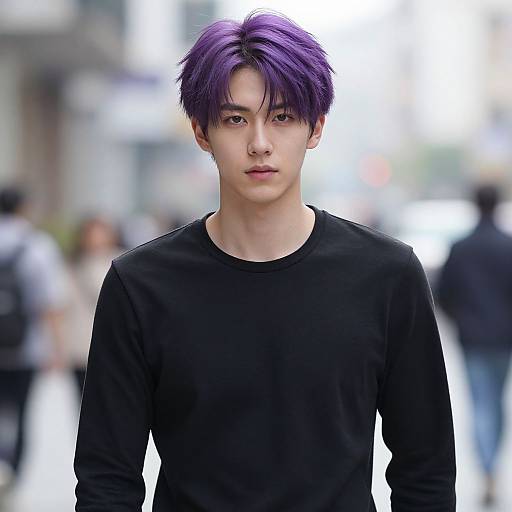 Photograph of an Asian man with purple, tousled hair, wearing a black long-sleeve shirt, standing in a blurred urban street background.
