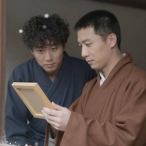 Two Asian Men Examining Wooden Frame Indoors