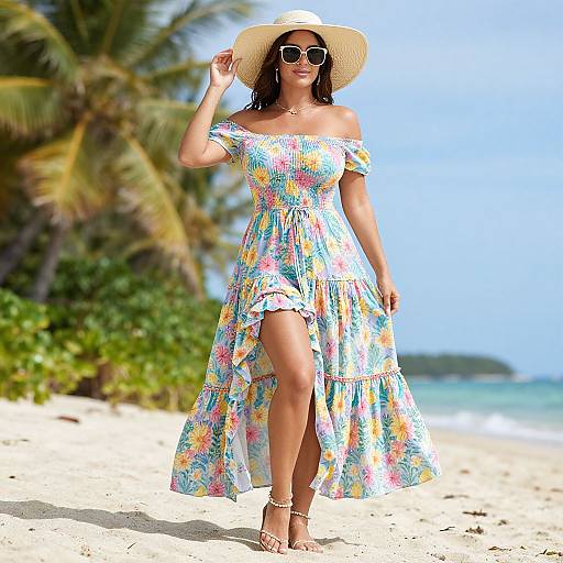 Photograph of a smiling woman in a colorful off-shoulder floral dress, wide-brimmed hat, sunglasses, and sandals, walking on a