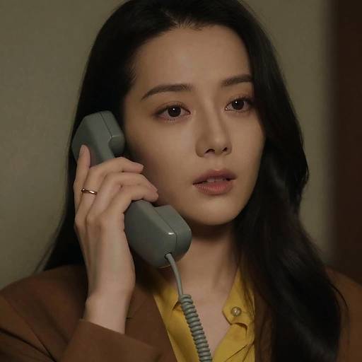 Intense Asian Woman with Vintage Phone