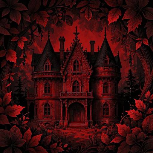 Digital drawing of a gothic-style, red-lit mansion with intricate architecture, surrounded by dark, red-tinged leaves and shadowy trees,