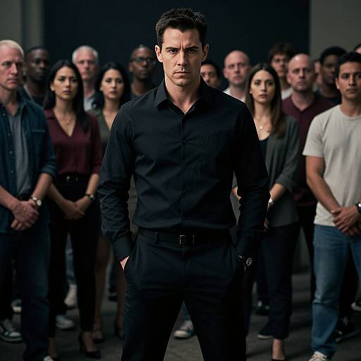 Photograph of a confident, dark-haired man in a black shirt and pants, standing center-stage in front of a diverse, attentive audience.