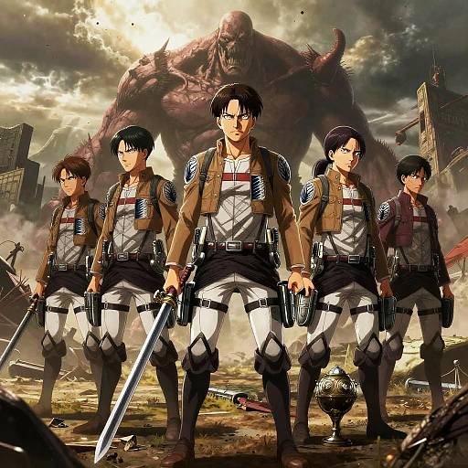 Digital anime artwork of five male soldiers in tan jackets and white uniforms, holding swords, standing in a war-torn city with a massive, monstrous creature