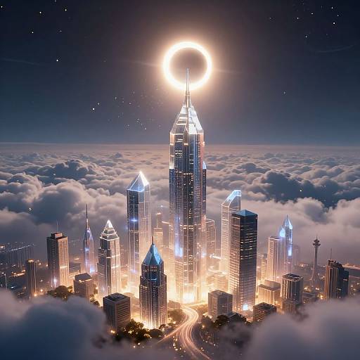 Digital artwork of a futuristic cityscape with glowing skyscrapers, illuminated by a radiant full moon in a starry night sky, surrounded by clouds.