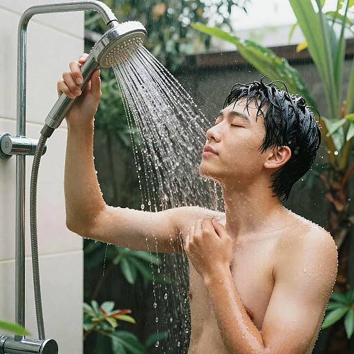 Teen Showering Amid Lush Greenery