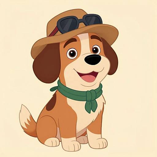 Cute cartoon puppy with brown and white fur, wearing a brown hat with sunglasses, green scarf, and smiling happily.