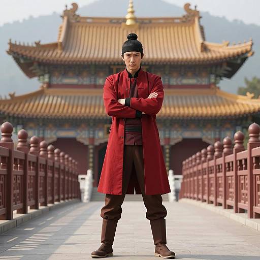 Asian Man in Red Coat Standing by Chinese Temple