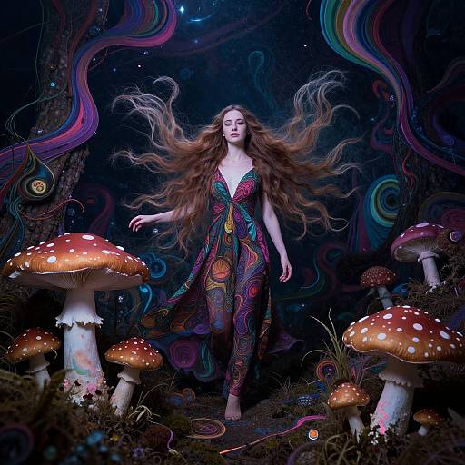 Woman Amid Psychedelic Underwater Mushrooms