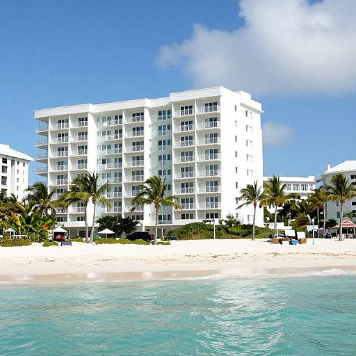 Photograph of a white, multi-story beachfront hotel with numerous balconies, surrounded by palm trees, and set against a bright blue sky and turquoise