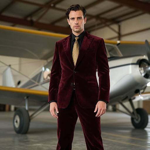 Photograph of a serious, dark-haired man in a maroon velvet suit standing in a hangar with a silver airplane in the background.