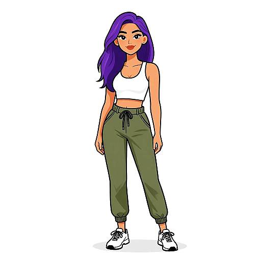 Digital illustration of a confident woman with long purple hair, wearing a white crop top, olive green joggers, and white sneakers, standing against a plain
