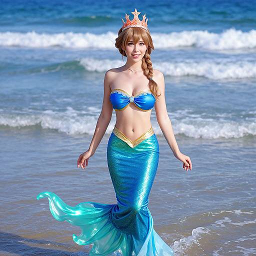 Digital artwork of a smiling mermaid princess with blue-green finned tail, blue strapless top, orange crown, braided hair, standing in ocean