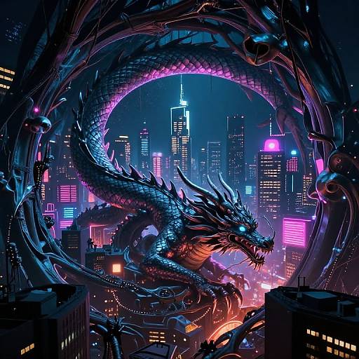 Digital artwork of a glowing, metallic blue dragon coiling through a futuristic neon-lit cityscape, with skyscrapers and vibrant purple and pink lights