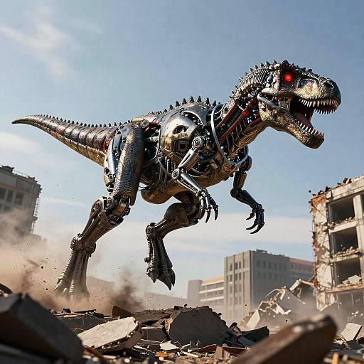 Terminator Dinosaur Leaping Over Ruins