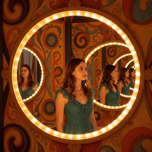 Photograph of a woman with wavy brown hair in a green dress, reflected in three circular, illuminated mirrors on a colorful, ornate wall.