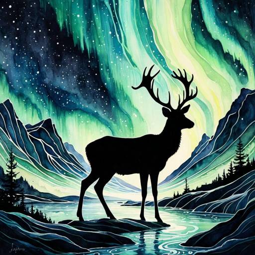 Deer Silhouette Under Northern Lights Watercolor
