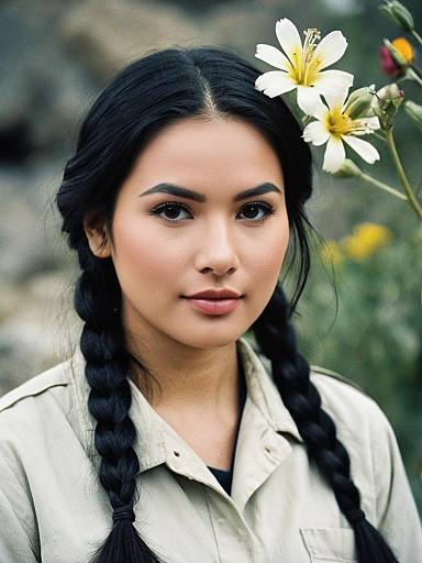 Poised Paleontologist with Braids and Flowers