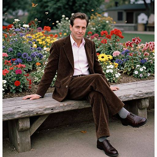 Photograph of a man with dark hair, in a brown velvet suit and white shirt, sitting on a wooden bench amidst vibrant flower garden.