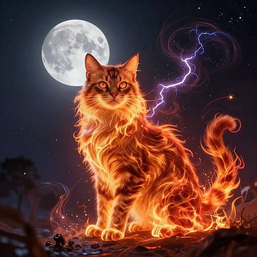 Digital artwork of a fiery, glowing cat with intense eyes, sitting against a night sky with a full moon and lightning.