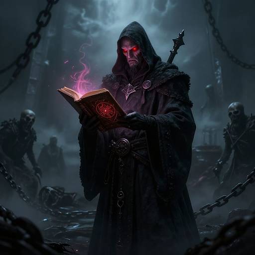 Dark, hooded figure with glowing red eyes reading a book emitting purple flames, surrounded by chains and skeletal figures in a foggy, ominous blue-l