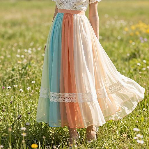 Photograph of a woman's back in a sunlit meadow, wearing a white lace top and a multi-colored, tiered, tulle skirt
