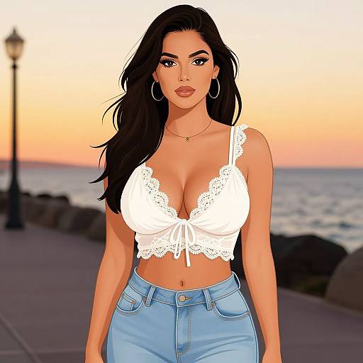 Digital art of a curvy woman with long black hair, large breasts, wearing a white lace crop top and blue jeans, standing on a sunset beach