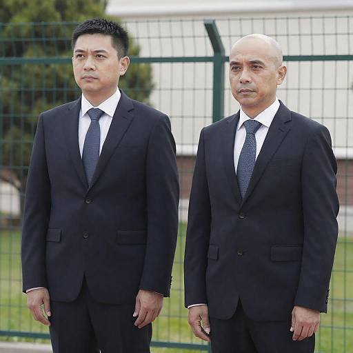 Two Men in Suits by Green Fence
